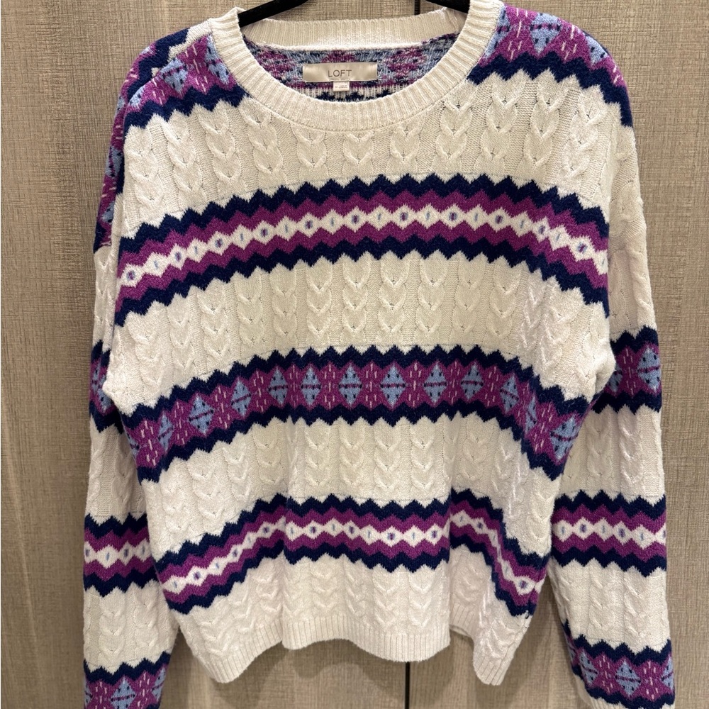LOFT Women's Sweater with White, Purple, and Blue Pattern